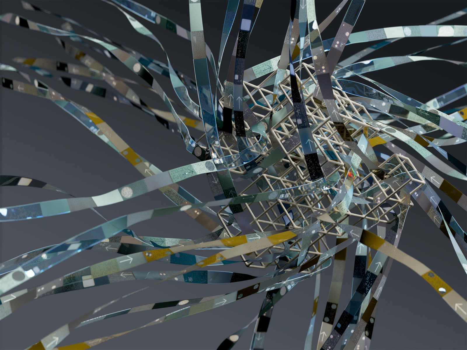 Abstract visual of intertwined digital ribbons and a lattice structure, representing the complexity of AI automation workflows inside real businesses.